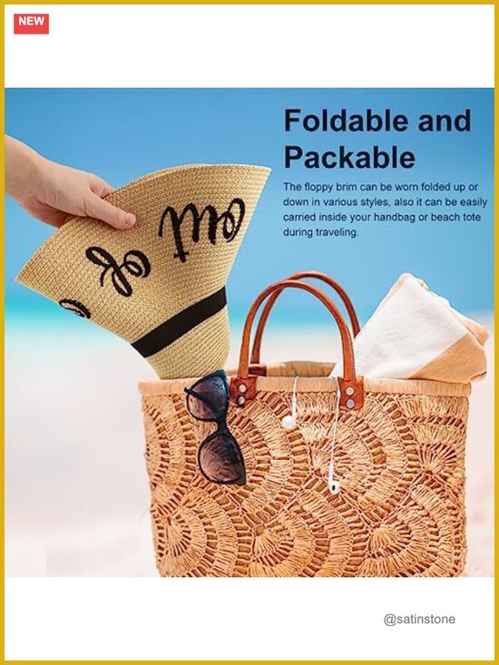 Wide Brim Straw Sun Hat Foldable UPF 50+ Roll up Beach Cap Embroidery